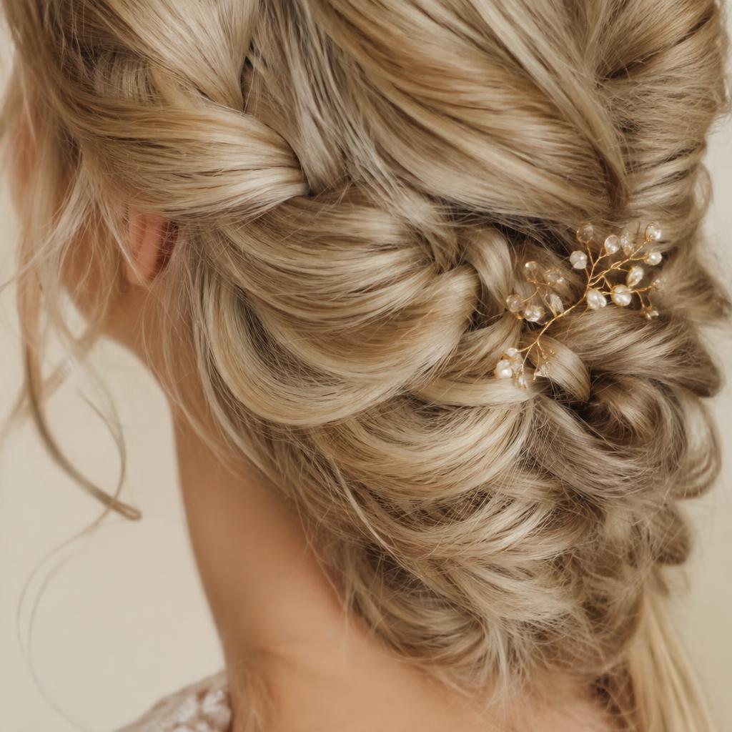 Geflochtene Brautfrisur mit goldenem Haarschmuck